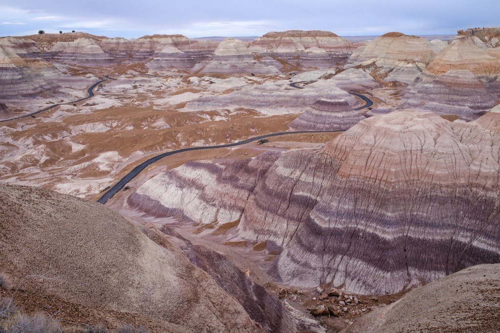 A scenic view of the desert with a road