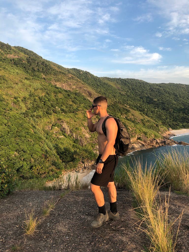 Shirtless Man Hiking